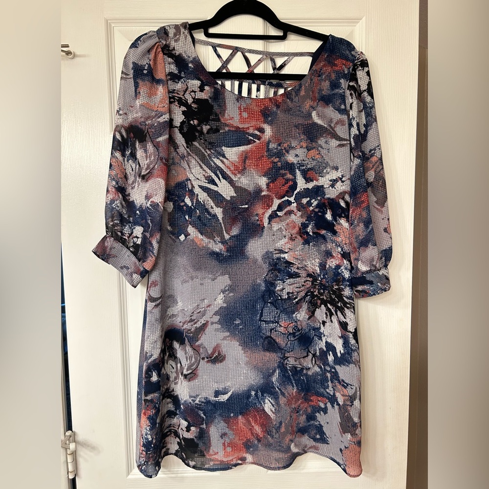 Purple Watercolor Mini Dress with 3/4 Length Sleeves